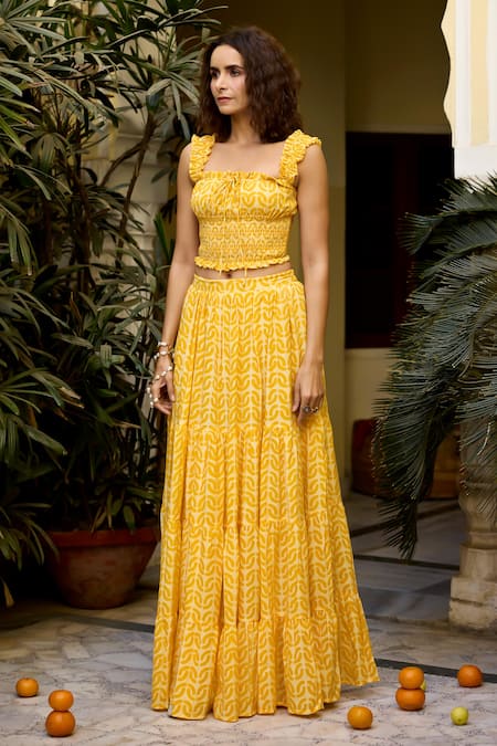 Buy_Baaro Masi_Yellow Muslin Square Neck Abstract Print Top With Tiered Skirt _Online_at_Aza_Fashions