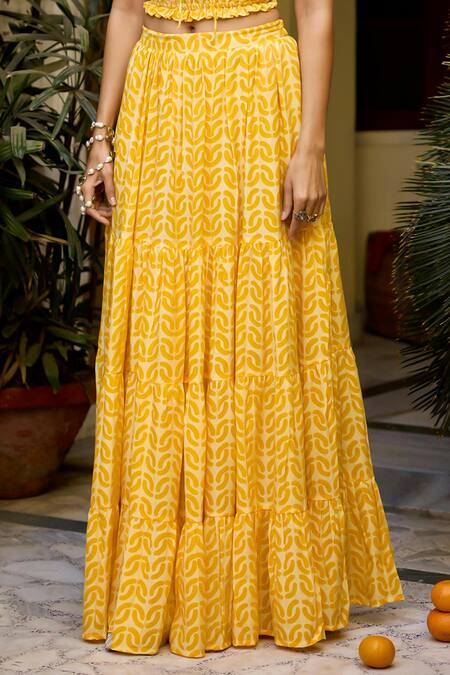 Shop_Baaro Masi_Yellow Muslin Square Neck Abstract Print Top With Tiered Skirt _Online_at_Aza_Fashions