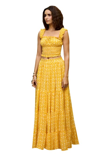 Baaro Masi_Yellow Muslin Square Neck Abstract Print Top With Tiered Skirt _at_Aza_Fashions