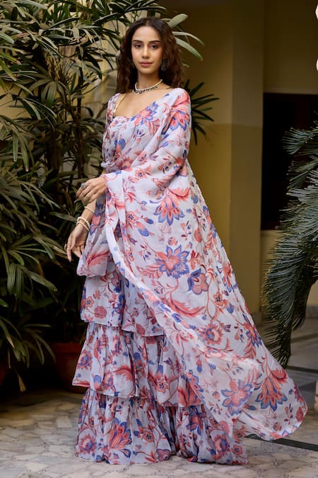 Baaro Masi_Blue Organza Embroidery Square Neck Floral Print Pre-draped Tiered Saree Set _Online_at_Aza_Fashions