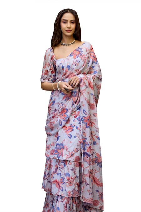 Buy_Baaro Masi_Blue Organza Embroidery Square Neck Floral Print Pre-draped Tiered Saree Set _Online_at_Aza_Fashions
