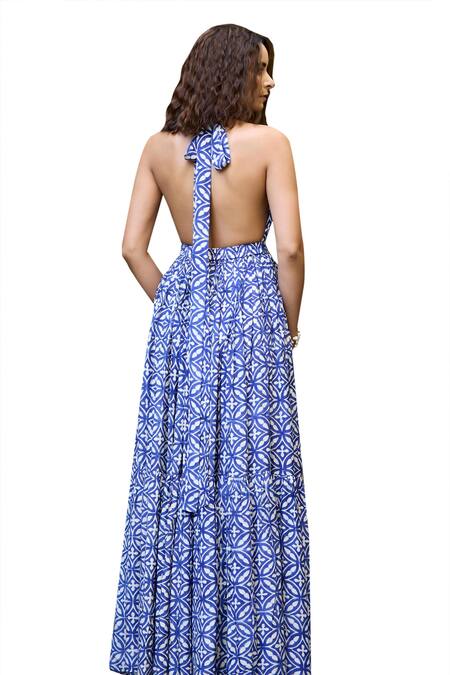 Buy_Baaro Masi_Blue Muslin Halter Neck Abstract Floral Print Backless Dress _Online_at_Aza_Fashions