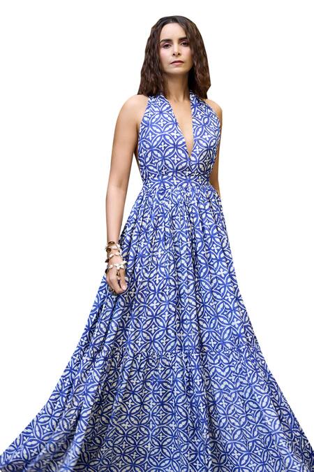 Baaro Masi_Blue Muslin Halter Neck Abstract Floral Print Backless Dress _at_Aza_Fashions