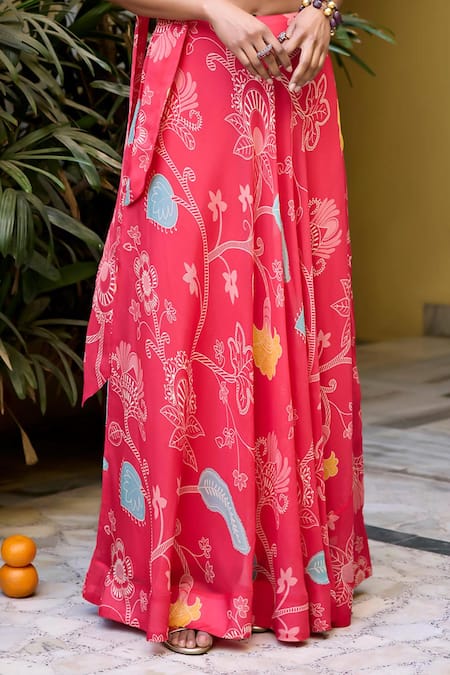 Shop_Baaro Masi_Fuchsia Organza Sweetheart Neck Abstract Floral Print Lehnga Set With Scarf _Online_at_Aza_Fashions