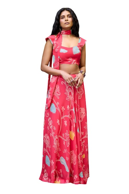 Baaro Masi_Fuchsia Organza Sweetheart Neck Abstract Floral Print Lehnga Set With Scarf _at_Aza_Fashions