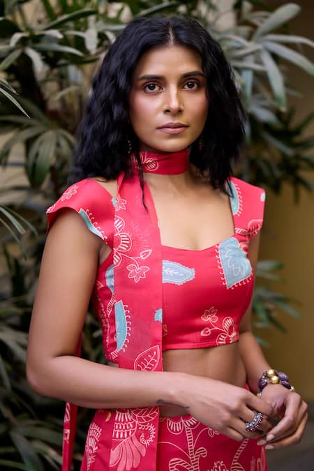 Buy_Baaro Masi_Fuchsia Organza Sweetheart Neck Abstract Floral Print Lehnga Set With Scarf 