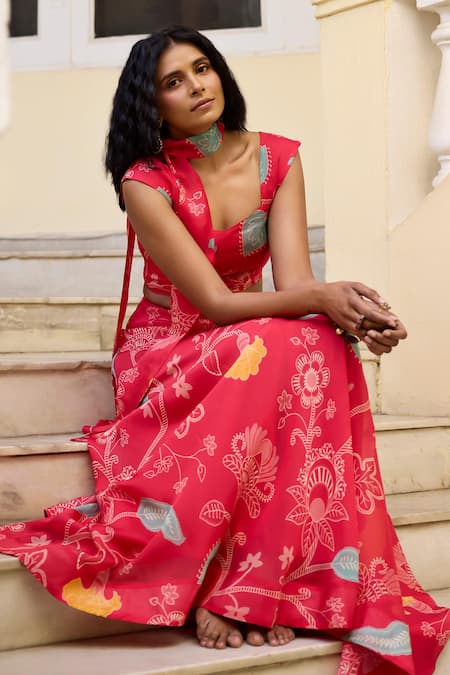 Shop_Baaro Masi_Fuchsia Organza Sweetheart Neck Abstract Floral Print Lehnga Set With Scarf 