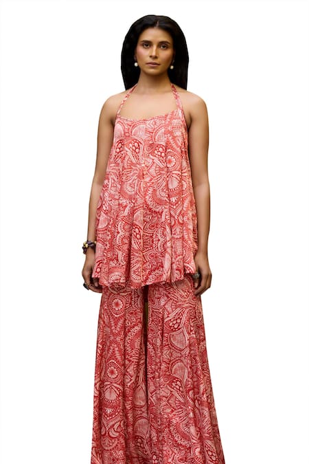 Shop_Baaro Masi_Red Modal, Satin Embroidery Halter Neck Floral Print Kurta With Sharara _Online_at_Aza_Fashions