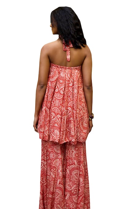 Shop_Baaro Masi_Red Modal, Satin Embroidery Halter Neck Floral Print Kurta With Sharara 