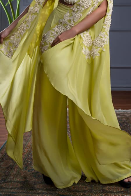 Christina_Green Crepe Pearls Open Neck Syros Meadow Embroidered Cape Flared Pant _Online_at_Aza_Fashions