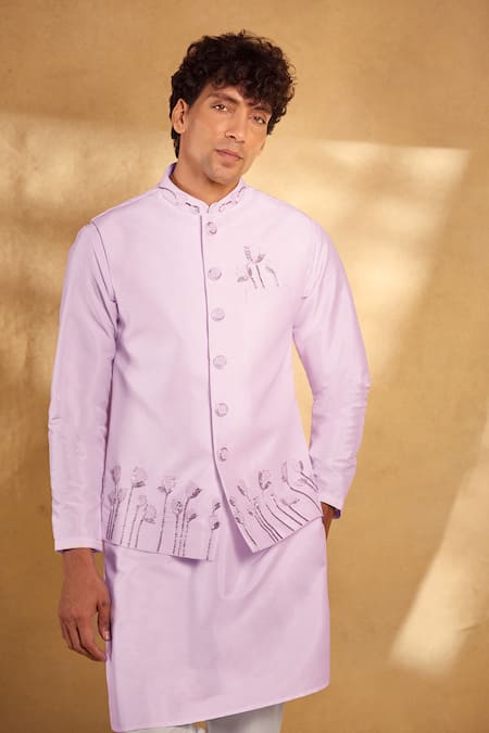 Buy_Aariyana Couture_Pink Silk, Polyester Sequins Floral Hand Work Bandi Kurta Set 