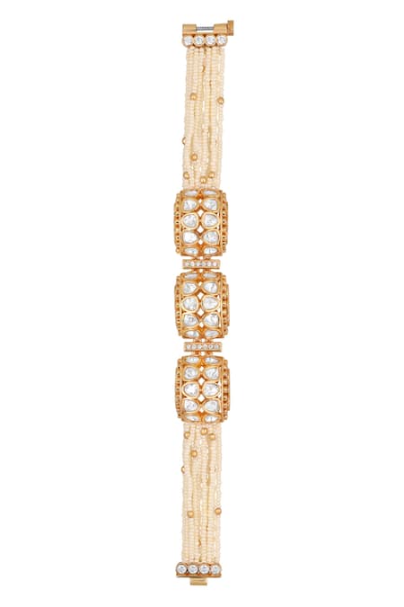 Shop HRISHA Gold Plated Crystals, Pearls Kundan Polki Embellished Bracelet at Aza Fashions Shop_HRISHA_Gold Plated Crystals, Pearls Kundan Polki Embellished Bracelet _at_Aza_Fashions