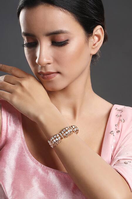 Buy HRISHA Gold Plated Crystals, Pearls Kundan Polki Embellished Bracelet Online at Aza Fashions Buy_HRISHA_Gold Plated Crystals, Pearls Kundan Polki Embellished Bracelet _Online_at_Aza_Fashions