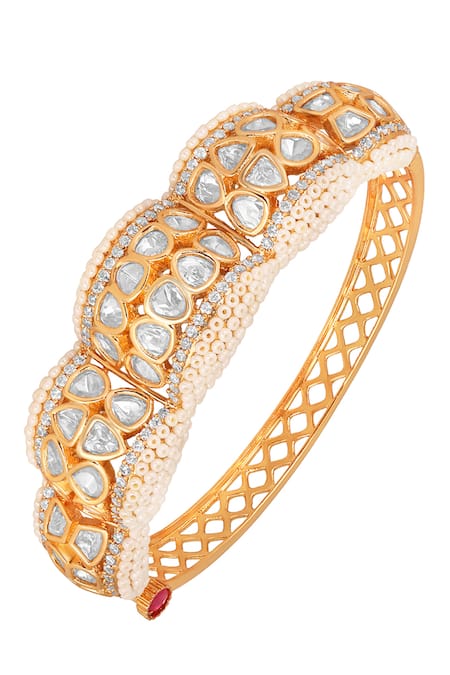 Shop_HRISHA_Gold Plated Crystals, Diamonds Kundan Polki Embellished Bangle _at_Aza_Fashions