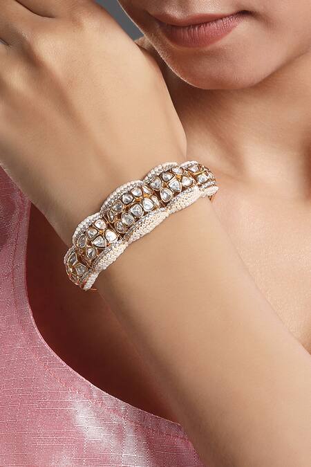 HRISHA_Gold Plated Crystals, Diamonds Kundan Polki Embellished Bangle _Online_at_Aza_Fashions