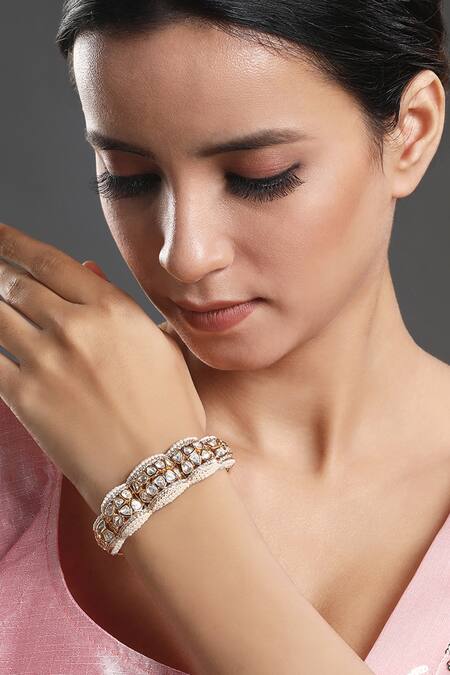 Buy_HRISHA_Gold Plated Crystals, Diamonds Kundan Polki Embellished Bangle _Online_at_Aza_Fashions