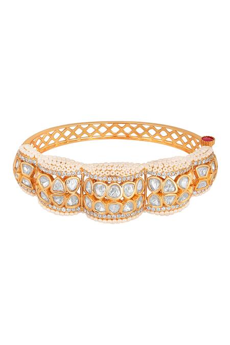 Shop_HRISHA_Gold Plated Crystals, Diamonds Kundan Polki Embellished Bangle _Online_at_Aza_Fashions