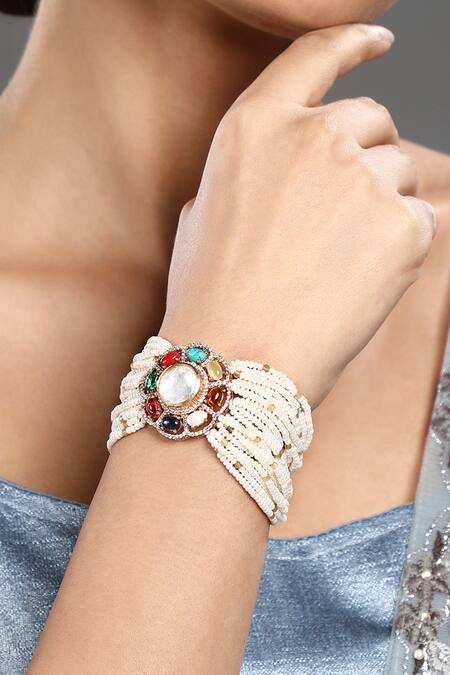 HRISHA_Multi Color Pearls, Stones Monalisa Embellished Bracelet _Online_at_Aza_Fashions