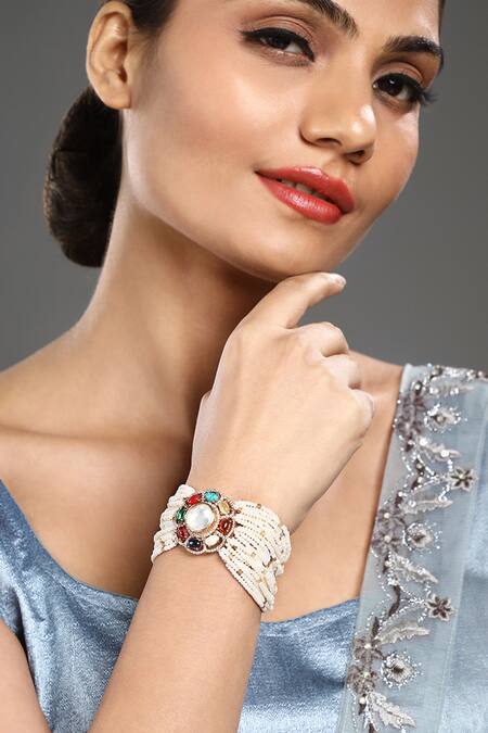 Buy_HRISHA_Multi Color Pearls, Stones Monalisa Embellished Bracelet _Online_at_Aza_Fashions