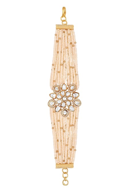 Shop HRISHA Gold Plated Pearls, Crystals Kidiya Embellished Bracelet at Aza Fashions Shop_HRISHA_Gold Plated Pearls, Crystals Kidiya Embellished Bracelet _at_Aza_Fashions