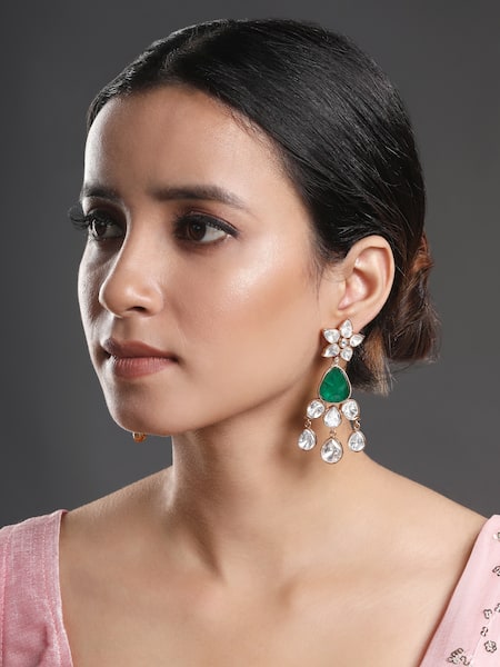 Hrisha Jewels Gold Plated Synthetic Moissanite Kundan Polki Embellished Dangler Earrings 