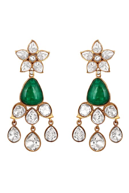 Shop HRISHA Gold Plated Metallic Moissanite Kundan Polki Embellished Dangler Earrings at Aza Fashions Shop_HRISHA_Gold Plated Metallic Moissanite Kundan Polki Embellished Dangler Earrings _at_Aza_Fashions