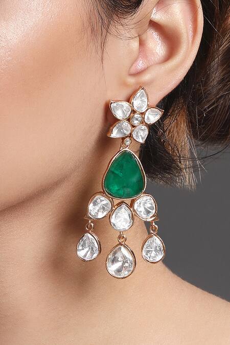 HRISHA Gold Plated Metallic Moissanite Kundan Polki Embellished Dangler Earrings Online at Aza Fashions HRISHA_Gold Plated Metallic Moissanite Kundan Polki Embellished Dangler Earrings _Online_at_Aza_Fashions