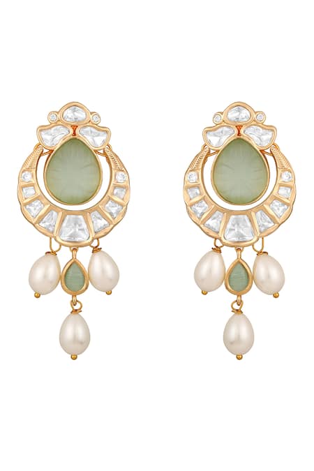 Shop HRISHA Gold Plated Metallic Moissanite Kundan Polki Embellished Chandbali Earrings at Aza Fashions Shop_HRISHA_Gold Plated Metallic Moissanite Kundan Polki Embellished Chandbali Earrings _at_Aza_Fashions