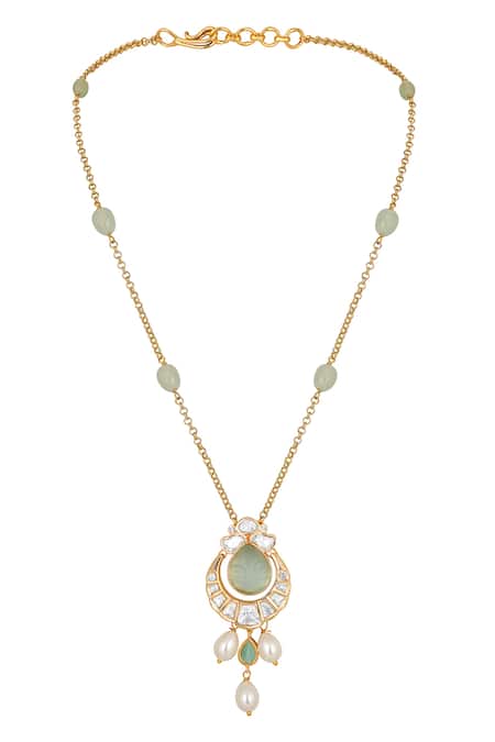 Shop HRISHA Gold Plated Sequins, Stones Embellished Pendant Necklace Set at Aza Fashions Shop_HRISHA_Gold Plated Sequins, Stones Embellished Pendant Necklace Set _at_Aza_Fashions