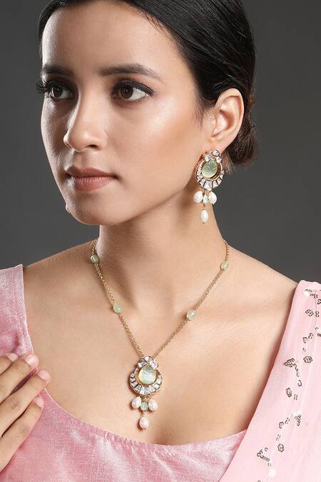 HRISHA Gold Plated Sequins, Stones Embellished Pendant Necklace Set Online at Aza Fashions HRISHA_Gold Plated Sequins, Stones Embellished Pendant Necklace Set _Online_at_Aza_Fashions