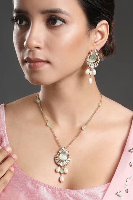 Buy HRISHA Gold Plated Sequins, Stones Embellished Pendant Necklace Set Online at Aza Fashions Buy_HRISHA_Gold Plated Sequins, Stones Embellished Pendant Necklace Set _Online_at_Aza_Fashions