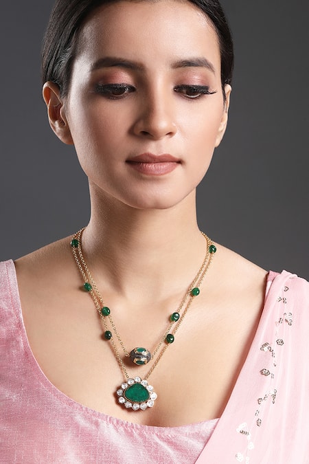 Hrisha Jewels Gold Plated Semi-precious Stones Embellished Double-layered Pendant Necklace 