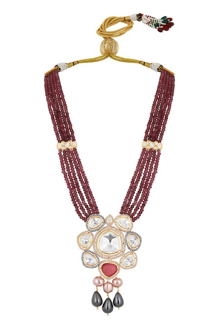 Shop HRISHA Multi Color Stones, Zari, Pearls Zirconia Embellished Pendant Necklace Set at Aza Fashions Shop_HRISHA_Multi Color Stones, Zari, Pearls Zirconia Embellished Pendant Necklace Set _at_Aza_Fashions