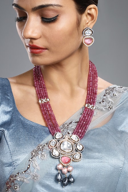 HRISHA Multi Color Stones, Zari, Pearls Zirconia Embellished Pendant Necklace Set Online at Aza Fashions HRISHA_Multi Color Stones, Zari, Pearls Zirconia Embellished Pendant Necklace Set _Online_at_Aza_Fashions