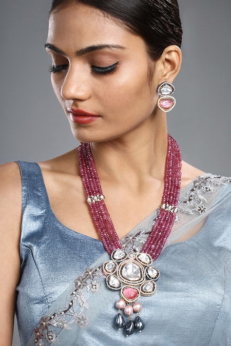 Buy HRISHA Multi Color Stones, Zari, Pearls Zirconia Embellished Pendant Necklace Set Online at Aza Fashions Buy_HRISHA_Multi Color Stones, Zari, Pearls Zirconia Embellished Pendant Necklace Set _Online_at_Aza_Fashions