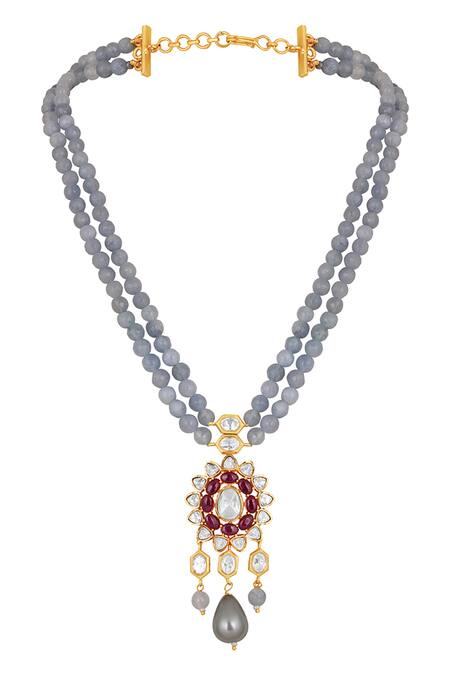 Shop_HRISHA_Multi Color Pearls, Stones Agate Embellished Pendant Choker Necklace Set _at_Aza_Fashions