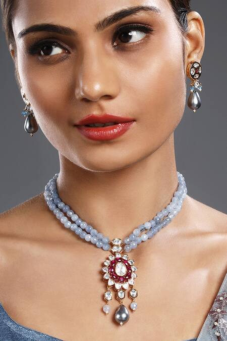 HRISHA_Multi Color Pearls, Stones Agate Embellished Pendant Choker Necklace Set _Online_at_Aza_Fashions