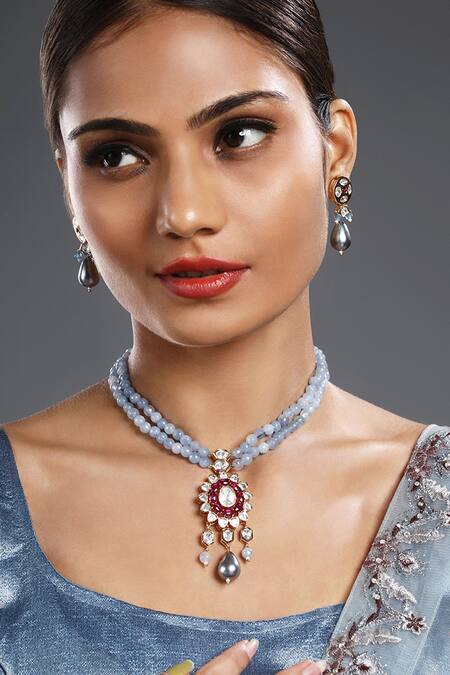 Buy_HRISHA_Multi Color Pearls, Stones Agate Embellished Pendant Choker Necklace Set _Online_at_Aza_Fashions