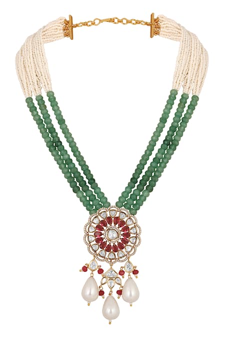 Shop HRISHA Multi Color Pearls, Stones Agate Embellished Pendant Necklace Set at Aza Fashions Shop_HRISHA_Multi Color Pearls, Stones Agate Embellished Pendant Necklace Set _at_Aza_Fashions