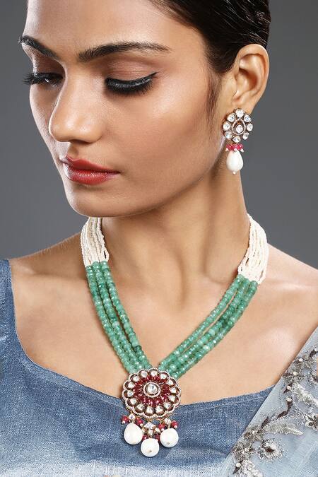 HRISHA Multi Color Pearls, Stones Agate Embellished Pendant Necklace Set Online at Aza Fashions HRISHA_Multi Color Pearls, Stones Agate Embellished Pendant Necklace Set _Online_at_Aza_Fashions