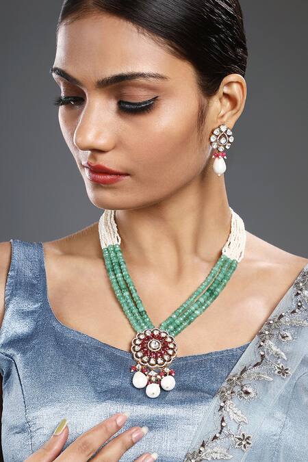 Buy HRISHA Multi Color Pearls, Stones Agate Embellished Pendant Necklace Set Online at Aza Fashions Buy_HRISHA_Multi Color Pearls, Stones Agate Embellished Pendant Necklace Set _Online_at_Aza_Fashions