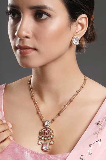 HRISHA Gold Plated Stones, Rhinestones Natural Onyx Embellished Pendant Necklace Set Online at Aza Fashions HRISHA_Gold Plated Stones, Rhinestones Natural Onyx Embellished Pendant Necklace Set_Online_at_Aza_Fashions