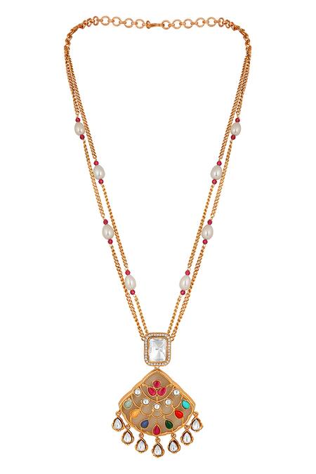 Shop_HRISHA_Multi Color Zari, Stones Zirconia Work Pendant Necklace Set _at_Aza_Fashions