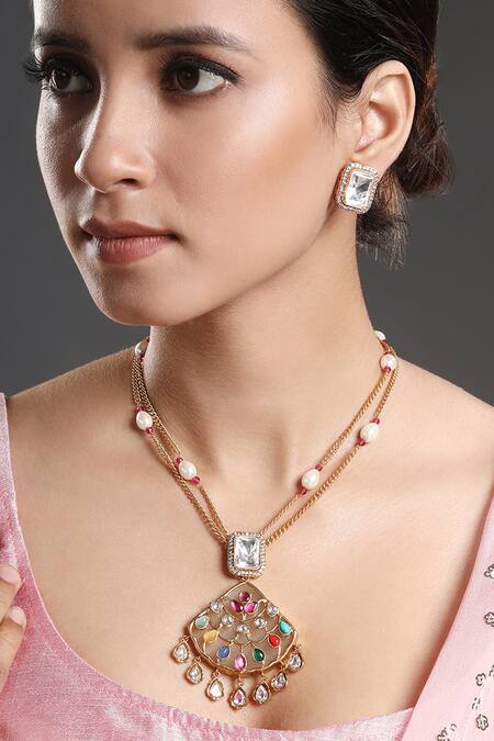 HRISHA_Multi Color Zari, Stones Zirconia Work Pendant Necklace Set _Online_at_Aza_Fashions