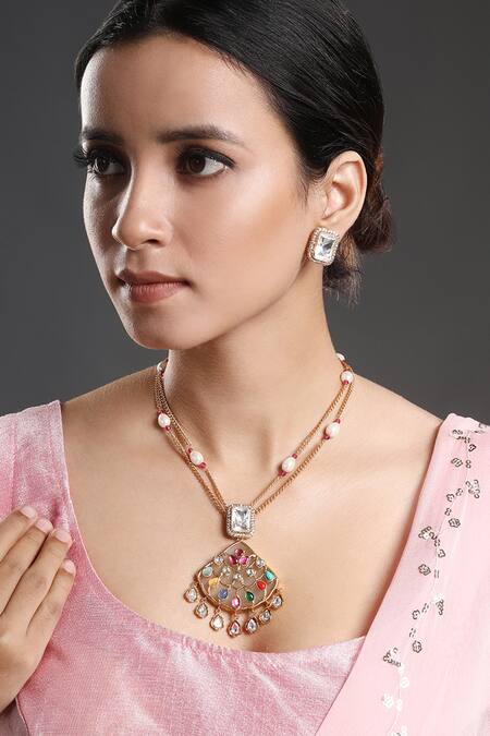 Buy_HRISHA_Multi Color Zari, Stones Zirconia Work Pendant Necklace Set _Online_at_Aza_Fashions