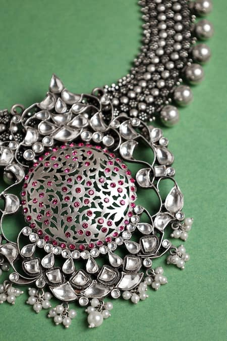 Shop Mero Jewellery Pink Ambrosia Kundan And Stone Embellished Fusion Necklace at Aza Fashions Shop_Mero Jewellery_Pink Ambrosia Kundan And Stone Embellished Fusion Necklace _at_Aza_Fashions