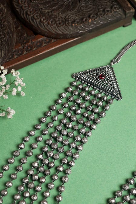 Shop_Mero Jewellery_Silver Plated Layered Long Temple Necklace _at_Aza_Fashions