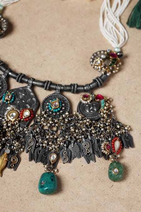 Shop Mero Jewellery Multi Color Kundan And Jade Embellished Tribal Necklace at Aza Fashions Shop_Mero Jewellery_Multi Color Kundan And Jade Embellished Tribal Necklace _at_Aza_Fashions