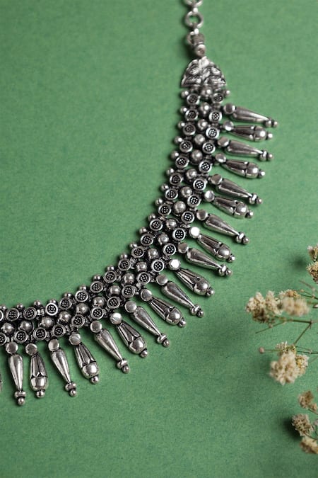 Shop Mero Jewellery Silver Plated Tribal Vibe Spikey Necklace Set at Aza Fashions Shop_Mero Jewellery_Silver Plated Tribal Vibe Spikey Necklace Set _at_Aza_Fashions
