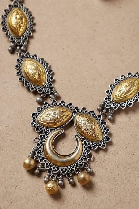 Shop Mero Jewellery Gold Plated Chand Phool Carved Dual Toned Necklace at Aza Fashions Shop_Mero Jewellery_Gold Plated Chand Phool Carved Dual Toned Necklace _at_Aza_Fashions